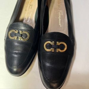 Salvatore Ferragamo Black Leather Loafers 10 C Gold Branded Logo Buckle
